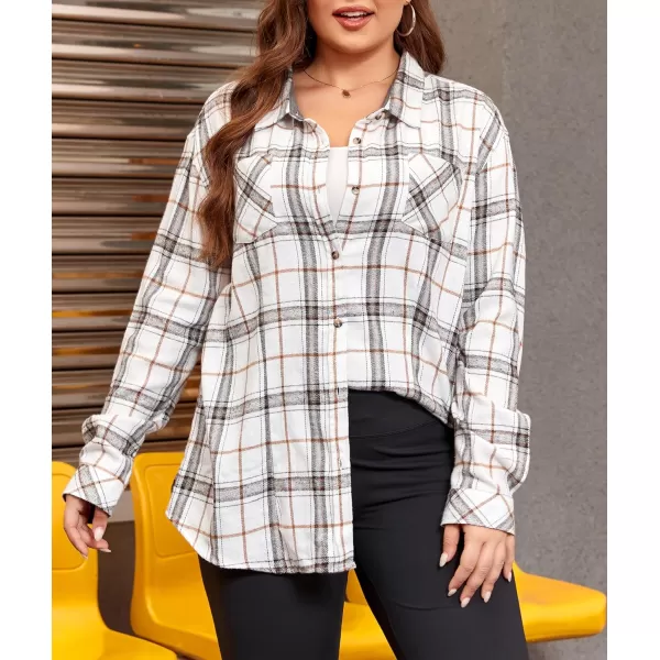 LALAGEN Plus Size Flannel Shirts for Women 2023 Oversized Boyfriend Plaid Shirt Casual Loose Long Sleeve Button Down BlouseWhite Brown