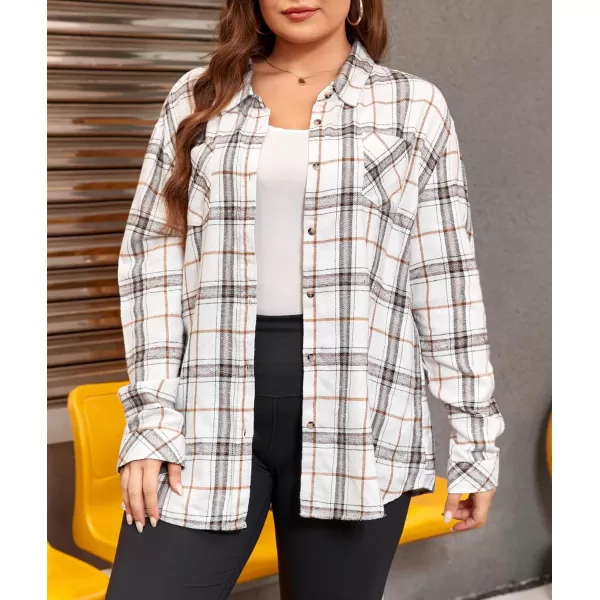 LALAGEN Plus Size Flannel Shirts for Women 2023 Oversized Boyfriend Plaid Shirt Casual Loose Long Sleeve Button Down BlouseWhite Brown