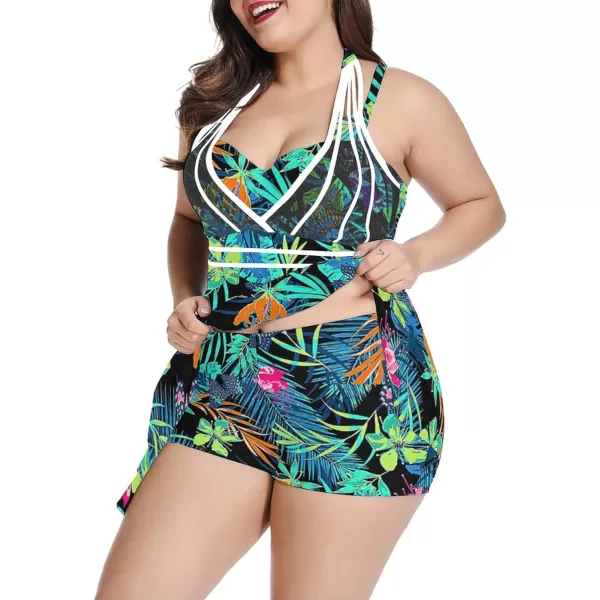 LALAGEN Womens Halter Swimdress Plus Size Two Piece Swimsuit Tankini SetFloral Green