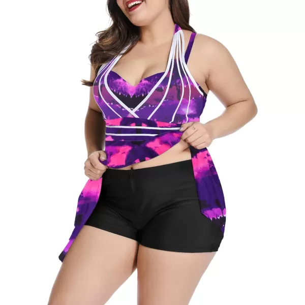 LALAGEN Womens Halter Swimdress Plus Size Two Piece Swimsuit Tankini SetPurple Stripe