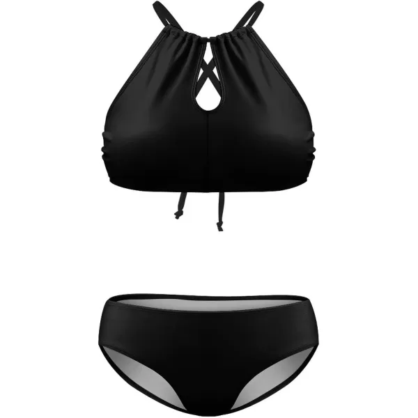 LALAGEN Womens Plus Size Bikini Set Halter Swimsuit Summer High Waisted Bathing SuitBlack