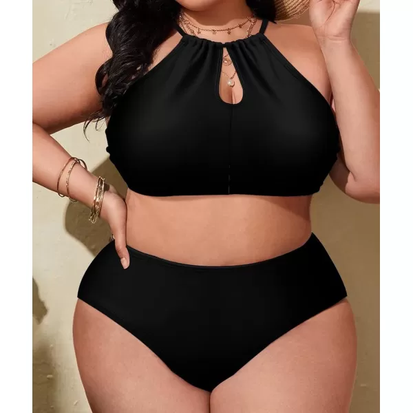 LALAGEN Womens Plus Size Bikini Set Halter Swimsuit Summer High Waisted Bathing SuitBlack