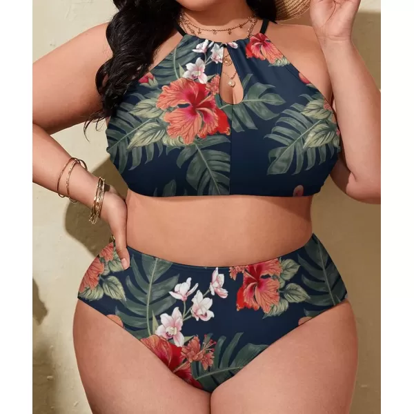 LALAGEN Womens Plus Size Bikini Set Halter Swimsuit Summer High Waisted Bathing SuitFloral Navy