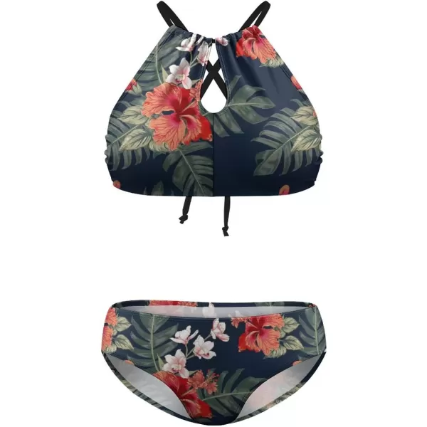 LALAGEN Womens Plus Size Bikini Set Halter Swimsuit Summer High Waisted Bathing SuitFloral Navy