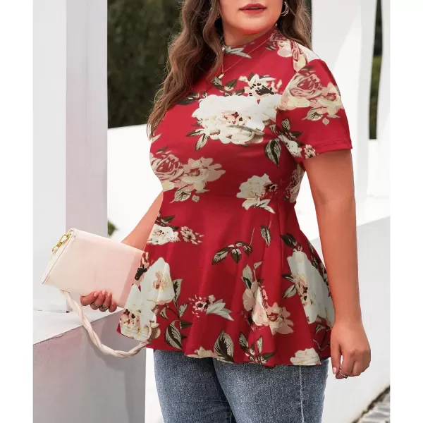 LALAGEN Womens Plus Size Casual Blouse Short Sleeve Flowy Peplum Tops T ShirtsApeony Red