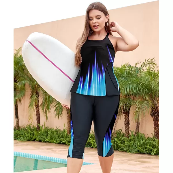 LALAGEN Womens Plus Size Swimsuits 2024 Modest Rash Guard Capris Tankini Bathing Suits Two Piece Bathing Suit SwimwearBlack Blue Gradient