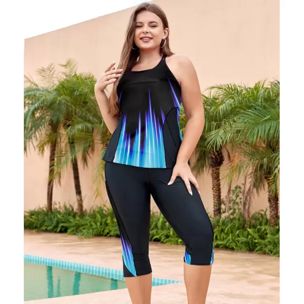 LALAGEN Womens Plus Size Swimsuits 2024 Modest Rash Guard Capris Tankini Bathing Suits Two Piece Bathing Suit SwimwearBlack Blue Gradient