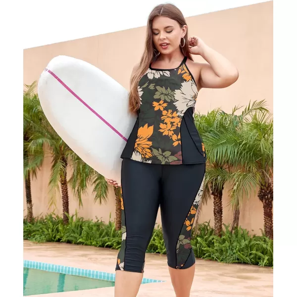 LALAGEN Womens Plus Size Swimsuits 2024 Modest Rash Guard Capris Tankini Bathing Suits Two Piece Bathing Suit SwimwearOrange White Flowers