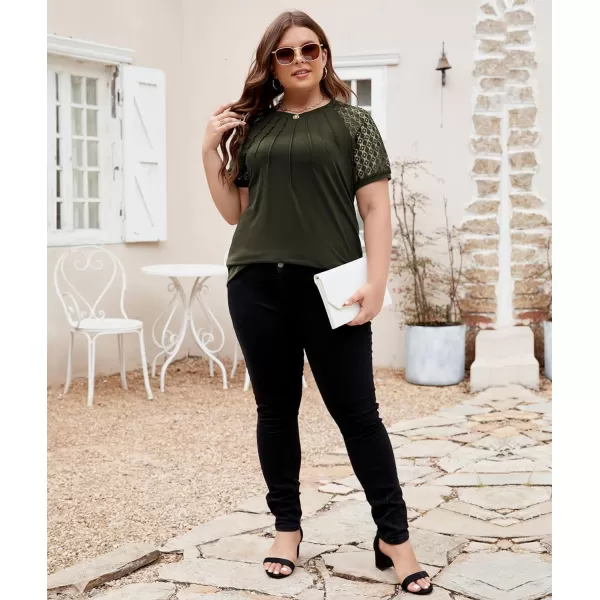 LALAGEN Womens Plus Size T Shirts Trendy Lace Short Sleeve Crewneck Blouse Shirts Summer Casual Knitted Blouse Tops 1X5XArmy Green