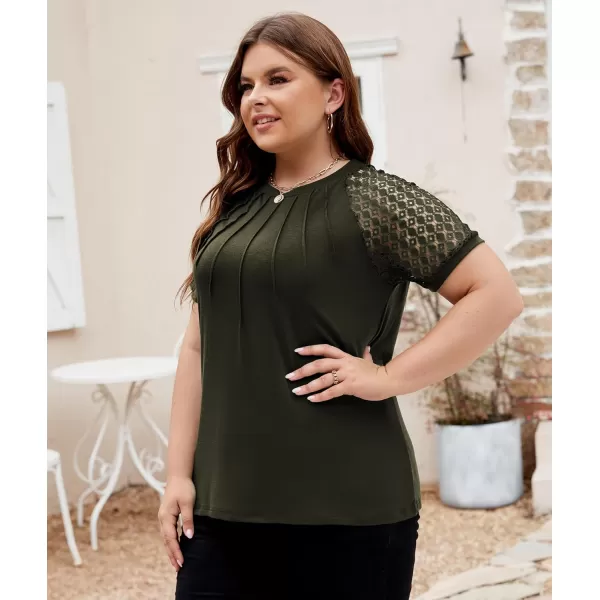 LALAGEN Womens Plus Size T Shirts Trendy Lace Short Sleeve Crewneck Blouse Shirts Summer Casual Knitted Blouse Tops 1X5XArmy Green