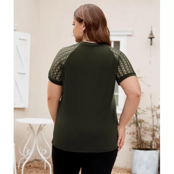 LALAGEN Womens Plus Size T Shirts Trendy Lace Short Sleeve Crewneck Blouse Shirts Summer Casual Knitted Blouse Tops 1X5XArmy Green