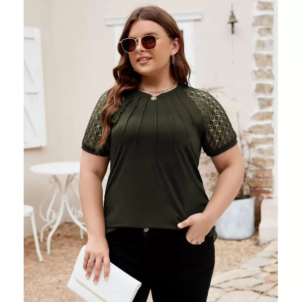 LALAGEN Womens Plus Size T Shirts Trendy Lace Short Sleeve Crewneck Blouse Shirts Summer Casual Knitted Blouse Tops 1X5XArmy Green