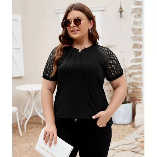 LALAGEN Womens Plus Size T Shirts Trendy Lace Short Sleeve Crewneck Blouse Shirts Summer Casual Knitted Blouse Tops 1X5XBlack