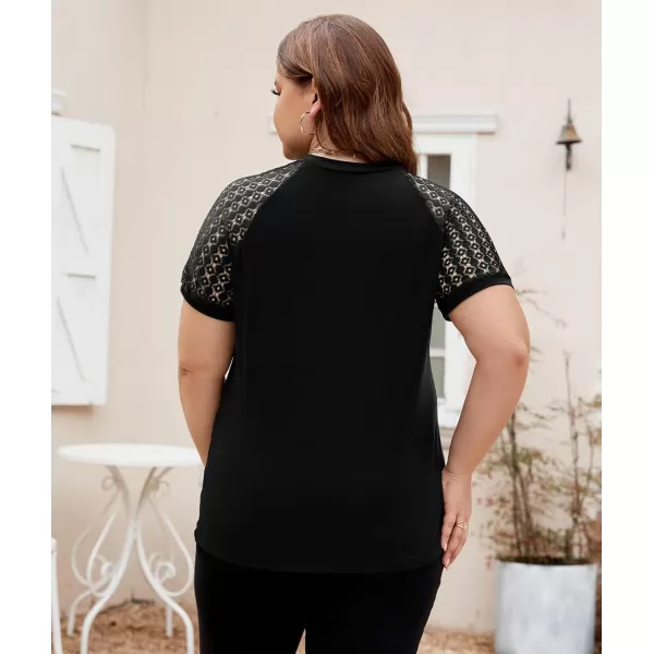 LALAGEN Womens Plus Size T Shirts Trendy Lace Short Sleeve Crewneck Blouse Shirts Summer Casual Knitted Blouse Tops 1X5XBlack