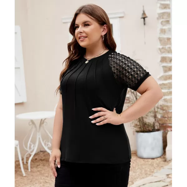 LALAGEN Womens Plus Size T Shirts Trendy Lace Short Sleeve Crewneck Blouse Shirts Summer Casual Knitted Blouse Tops 1X5XBlack