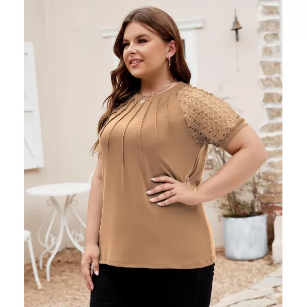 LALAGEN Womens Plus Size T Shirts Trendy Lace Short Sleeve Crewneck Blouse Shirts Summer Casual Knitted Blouse Tops 1X5XKhaki