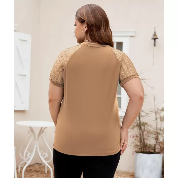 LALAGEN Womens Plus Size T Shirts Trendy Lace Short Sleeve Crewneck Blouse Shirts Summer Casual Knitted Blouse Tops 1X5XKhaki