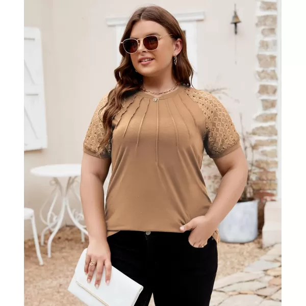 LALAGEN Womens Plus Size T Shirts Trendy Lace Short Sleeve Crewneck Blouse Shirts Summer Casual Knitted Blouse Tops 1X5XKhaki