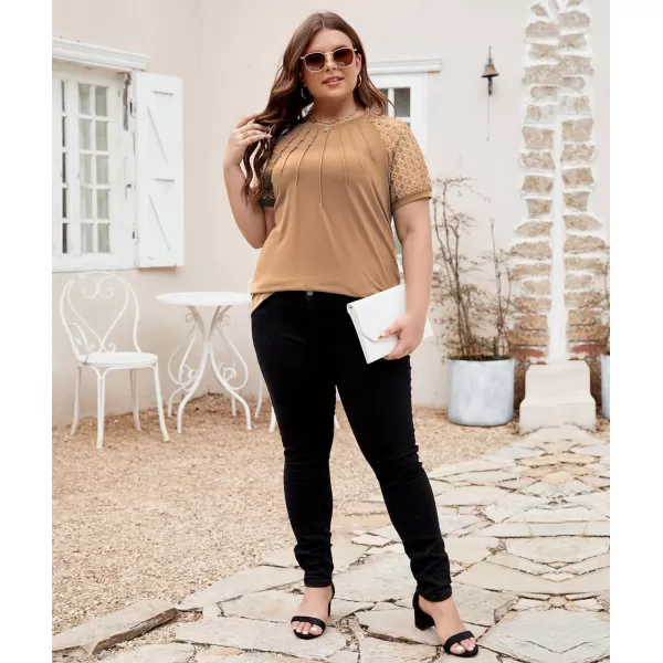 LALAGEN Womens Plus Size T Shirts Trendy Lace Short Sleeve Crewneck Blouse Shirts Summer Casual Knitted Blouse Tops 1X5XKhaki