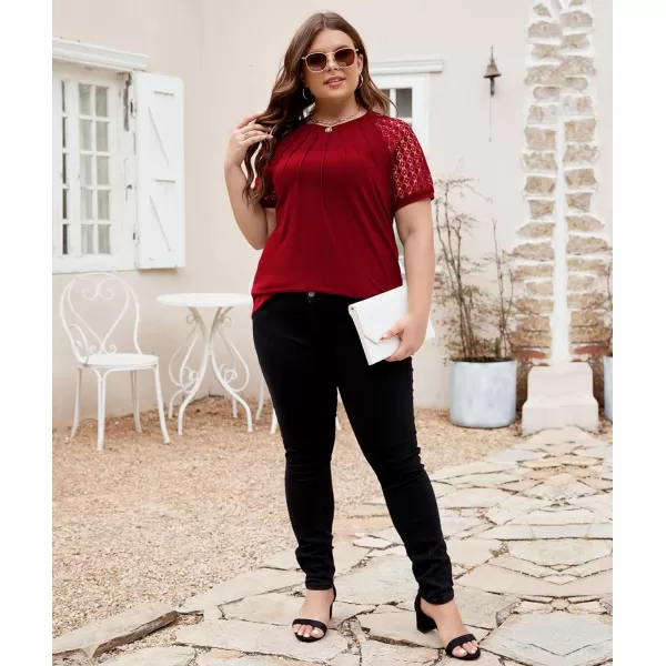 LALAGEN Womens Plus Size T Shirts Trendy Lace Short Sleeve Crewneck Blouse Shirts Summer Casual Knitted Blouse Tops 1X5XWine Red