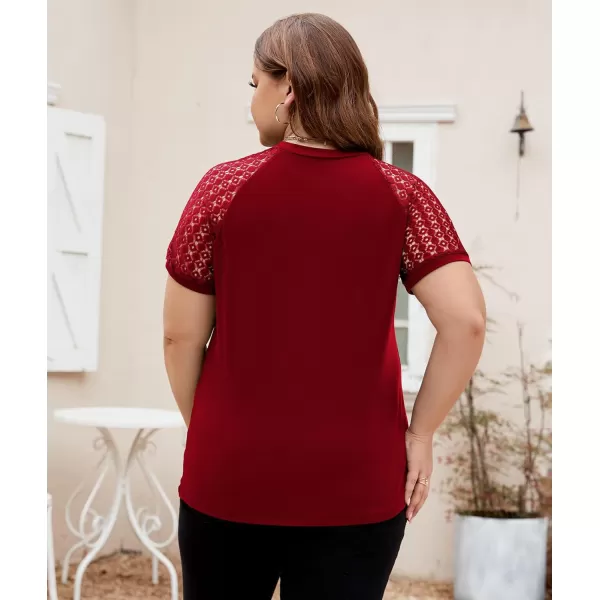 LALAGEN Womens Plus Size T Shirts Trendy Lace Short Sleeve Crewneck Blouse Shirts Summer Casual Knitted Blouse Tops 1X5XWine Red