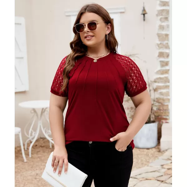 LALAGEN Womens Plus Size T Shirts Trendy Lace Short Sleeve Crewneck Blouse Shirts Summer Casual Knitted Blouse Tops 1X5XWine Red