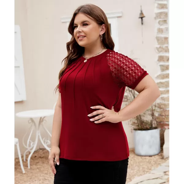 LALAGEN Womens Plus Size T Shirts Trendy Lace Short Sleeve Crewneck Blouse Shirts Summer Casual Knitted Blouse Tops 1X5XWine Red