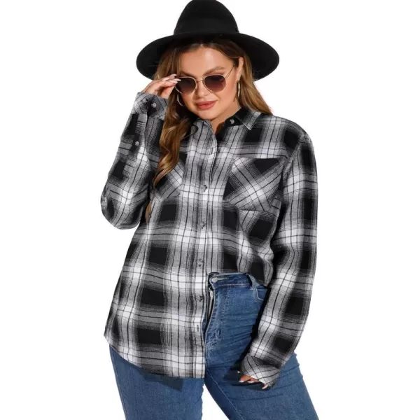 LALAGEN Plus Size Flannel Shirts for Women 2023 Oversized Boyfriend Plaid Shirt Casual Loose Long Sleeve Button Down BlouseAblack