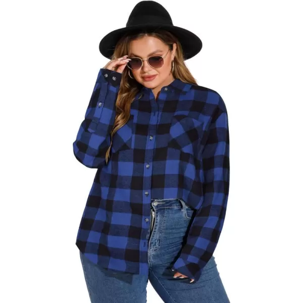 LALAGEN Plus Size Flannel Shirts for Women 2023 Oversized Boyfriend Plaid Shirt Casual Loose Long Sleeve Button Down BlouseAblue