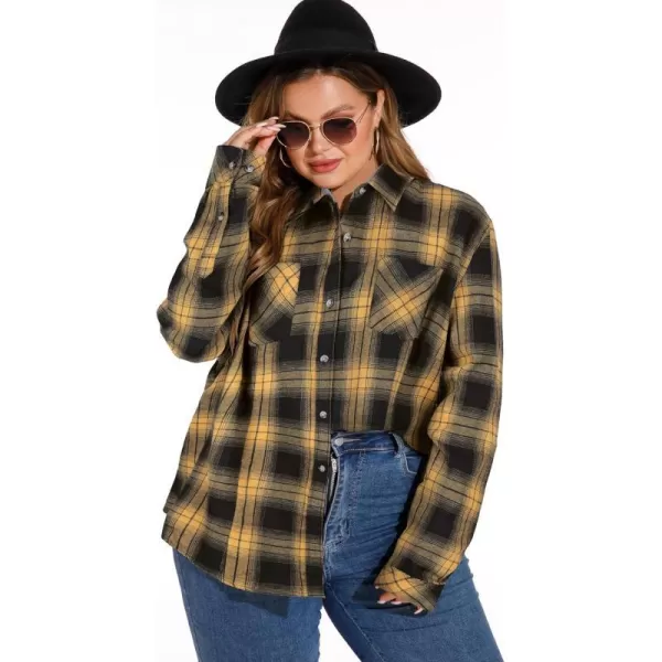 LALAGEN Plus Size Flannel Shirts for Women 2023 Oversized Boyfriend Plaid Shirt Casual Loose Long Sleeve Button Down BlouseAyellow