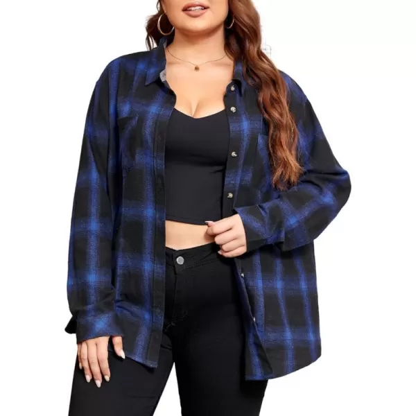 LALAGEN Plus Size Flannel Shirts for Women 2023 Oversized Boyfriend Plaid Shirt Casual Loose Long Sleeve Button Down BlouseBlack Blue