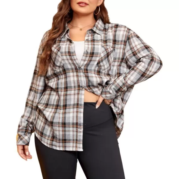 LALAGEN Plus Size Flannel Shirts for Women 2023 Oversized Boyfriend Plaid Shirt Casual Loose Long Sleeve Button Down BlouseModern Grey