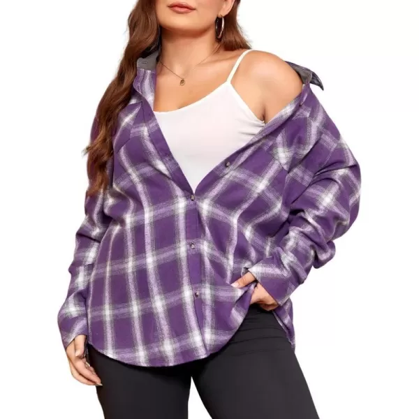 LALAGEN Plus Size Flannel Shirts for Women 2023 Oversized Boyfriend Plaid Shirt Casual Loose Long Sleeve Button Down BlousePurple White