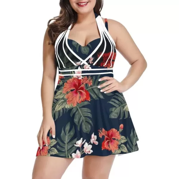 LALAGEN Womens Halter Swimdress Plus Size Two Piece Swimsuit Tankini SetFloral Blue