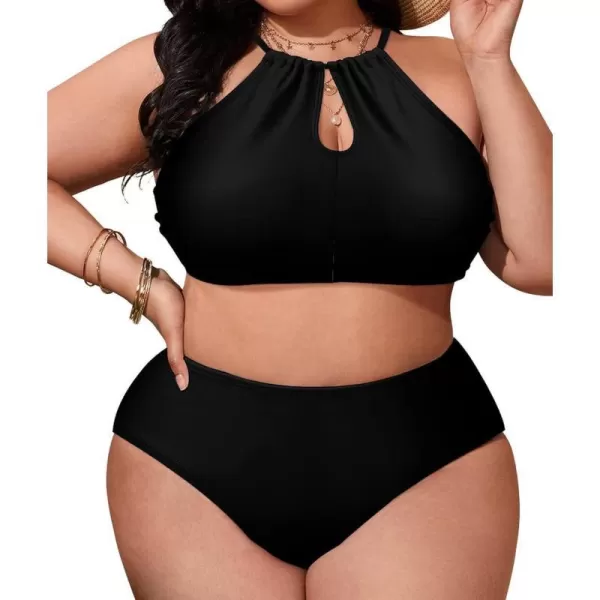 LALAGEN Womens Plus Size Bikini Set Halter Swimsuit Summer High Waisted Bathing SuitBlack