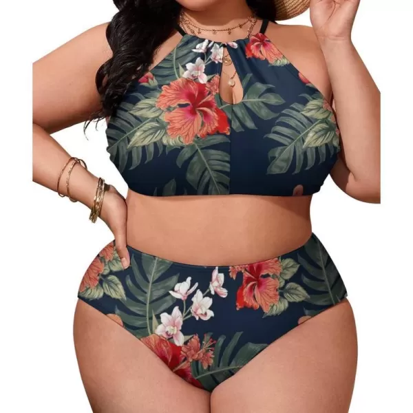 LALAGEN Womens Plus Size Bikini Set Halter Swimsuit Summer High Waisted Bathing SuitFloral Navy