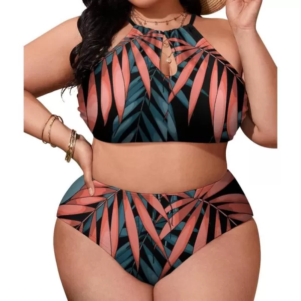 LALAGEN Womens Plus Size Bikini Set Halter Swimsuit Summer High Waisted Bathing SuitLeaf Orange