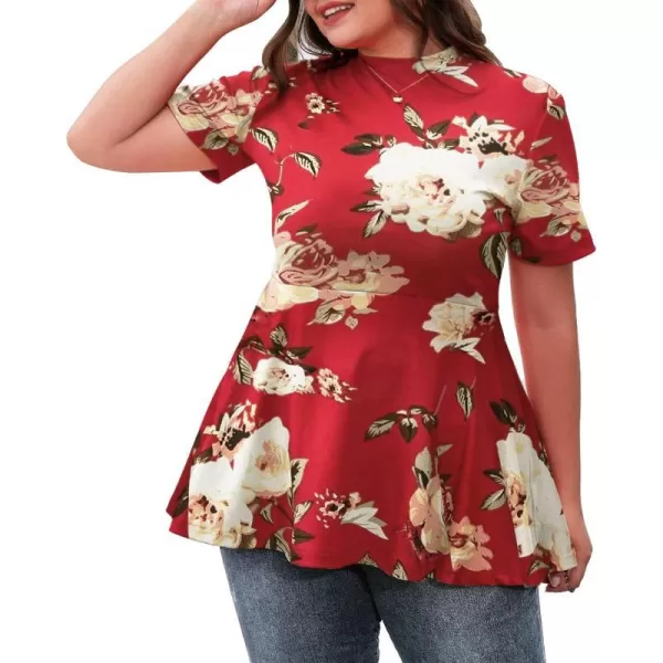 LALAGEN Womens Plus Size Casual Blouse Short Sleeve Flowy Peplum Tops T ShirtsApeony Red