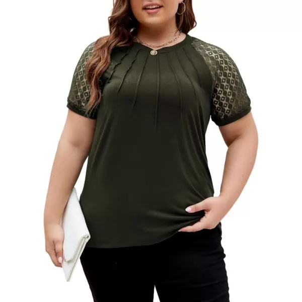 LALAGEN Womens Plus Size T Shirts Trendy Lace Short Sleeve Crewneck Blouse Shirts Summer Casual Knitted Blouse Tops 1X5XArmy Green