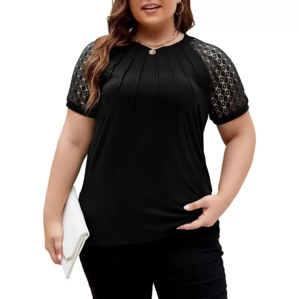 LALAGEN Womens Plus Size T Shirts Trendy Lace Short Sleeve Crewneck Blouse Shirts Summer Casual Knitted Blouse Tops 1X5XBlack