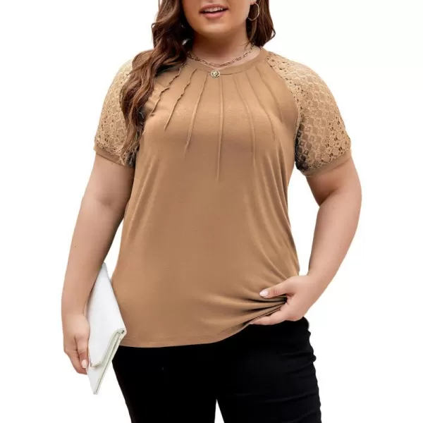 LALAGEN Womens Plus Size T Shirts Trendy Lace Short Sleeve Crewneck Blouse Shirts Summer Casual Knitted Blouse Tops 1X5XKhaki