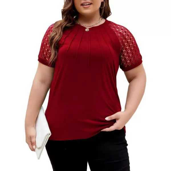 LALAGEN Womens Plus Size T Shirts Trendy Lace Short Sleeve Crewneck Blouse Shirts Summer Casual Knitted Blouse Tops 1X5XWine Red