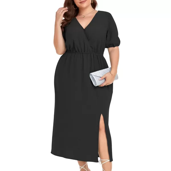 LALAGEN 2023 Plus Size Summer Dress for Women Casual Puff Sleeve V Neck Split Pocket Midi Dresses 1X6XBlack