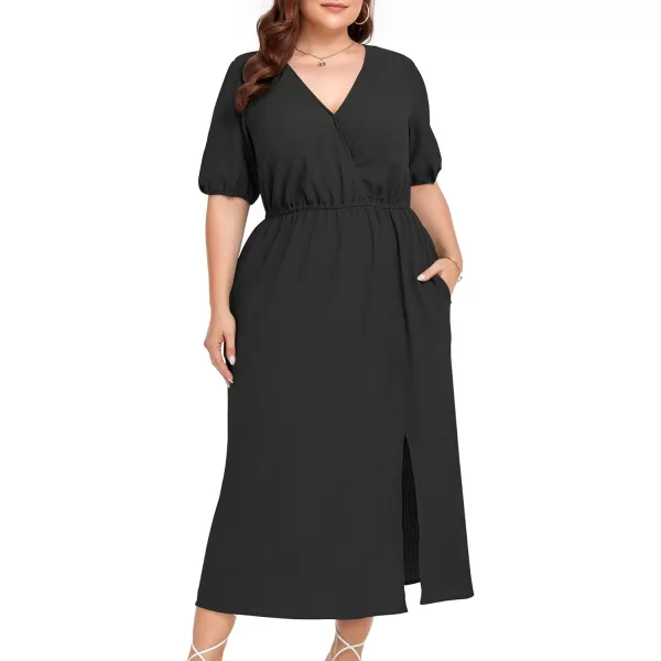 LALAGEN 2023 Plus Size Summer Dress for Women Casual Puff Sleeve V Neck Split Pocket Midi Dresses 1X6XBlack