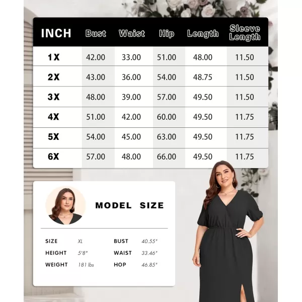 LALAGEN 2023 Plus Size Summer Dress for Women Casual Puff Sleeve V Neck Split Pocket Midi Dresses 1X6XBlack