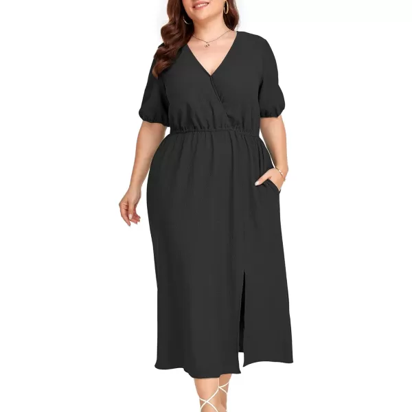 LALAGEN 2023 Plus Size Summer Dress for Women Casual Puff Sleeve V Neck Split Pocket Midi Dresses 1X6XBlack