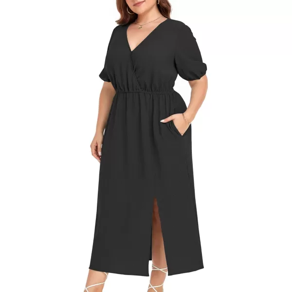 LALAGEN 2023 Plus Size Summer Dress for Women Casual Puff Sleeve V Neck Split Pocket Midi Dresses 1X6XBlack