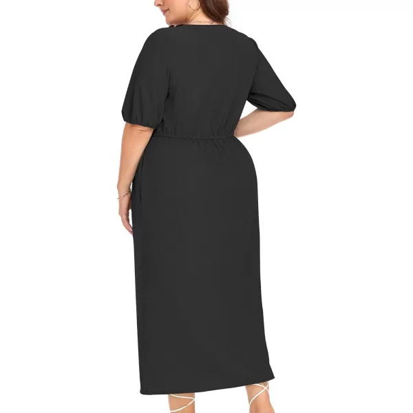 LALAGEN 2023 Plus Size Summer Dress for Women Casual Puff Sleeve V Neck Split Pocket Midi Dresses 1X6XBlack