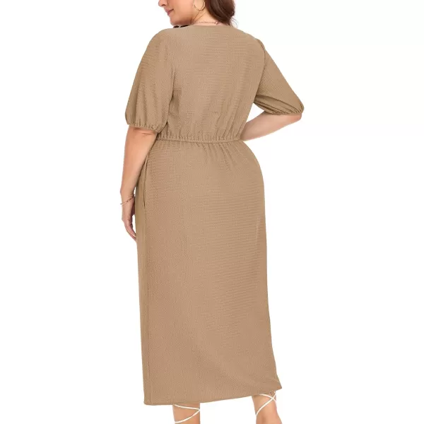 LALAGEN 2023 Plus Size Summer Dress for Women Casual Puff Sleeve V Neck Split Pocket Midi Dresses 1X6XKhaki