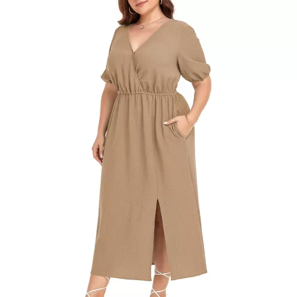 LALAGEN 2023 Plus Size Summer Dress for Women Casual Puff Sleeve V Neck Split Pocket Midi Dresses 1X6XKhaki